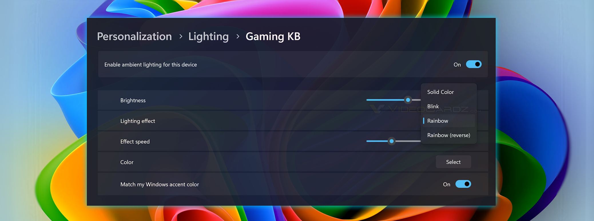 آپشن های کنترل نورپردازی RGB در ویندوز 11