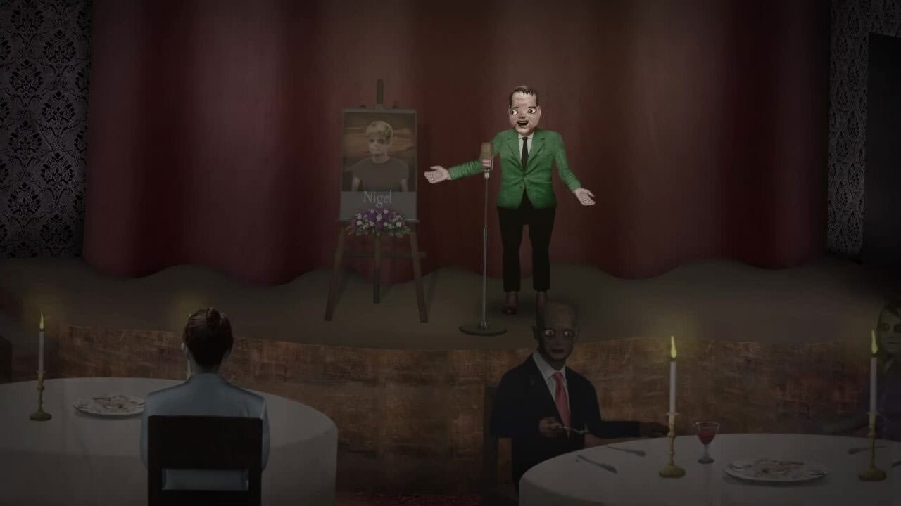 یک مرد که روی یک استیج برای حضاری که نشسته‌اند سخنرانی می‌کند در نمایی از انیمیشن کوتاه کافه‌ی کشتار به عنوان بخشی از انیمیشن برنامه‌ی پالونی ساخته‌ی جاستین رویلند