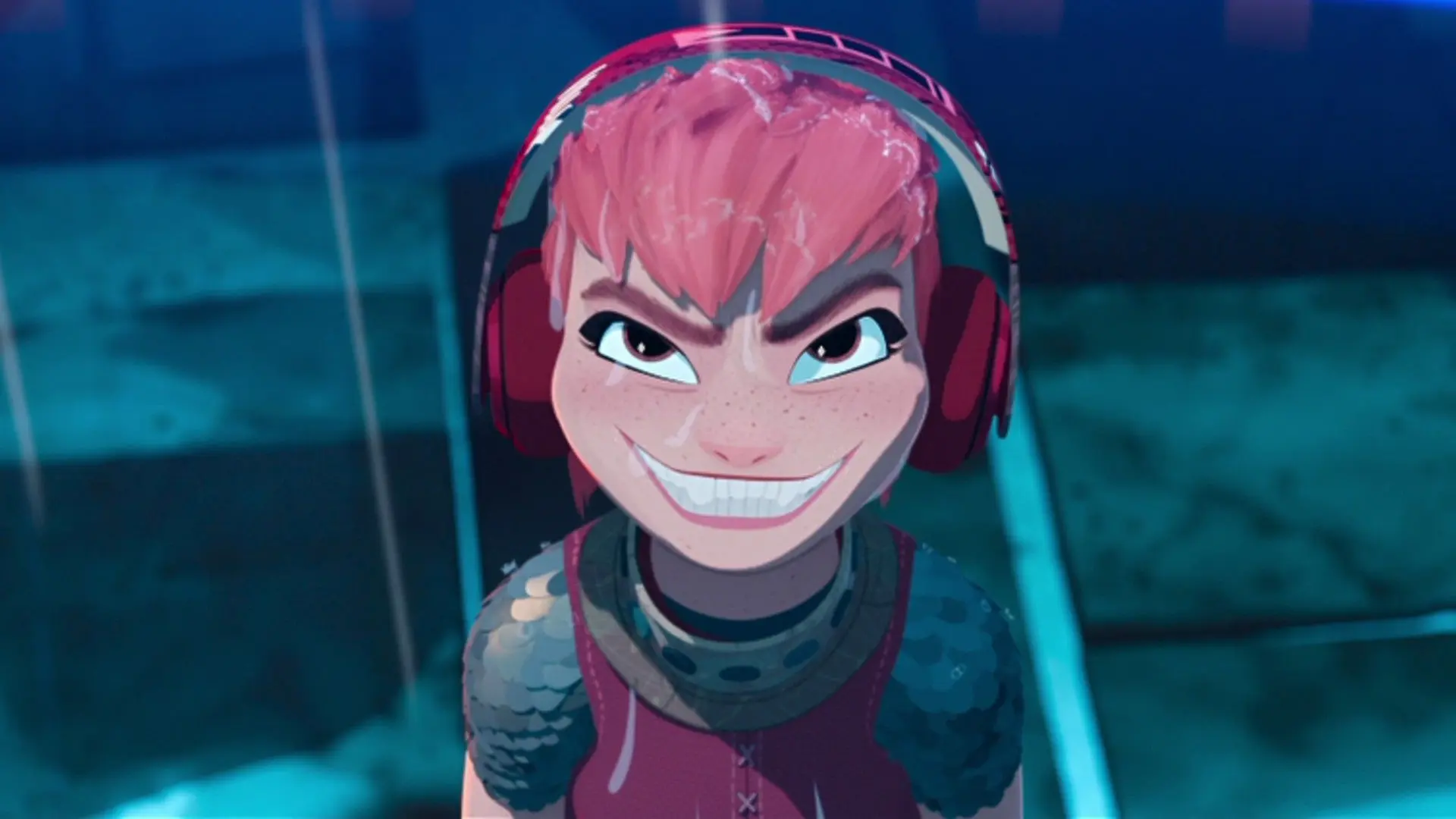 نیمونا با لبخند شیطانی در حال گوش دادن به آهنگ متال در انیمیشن Nimona