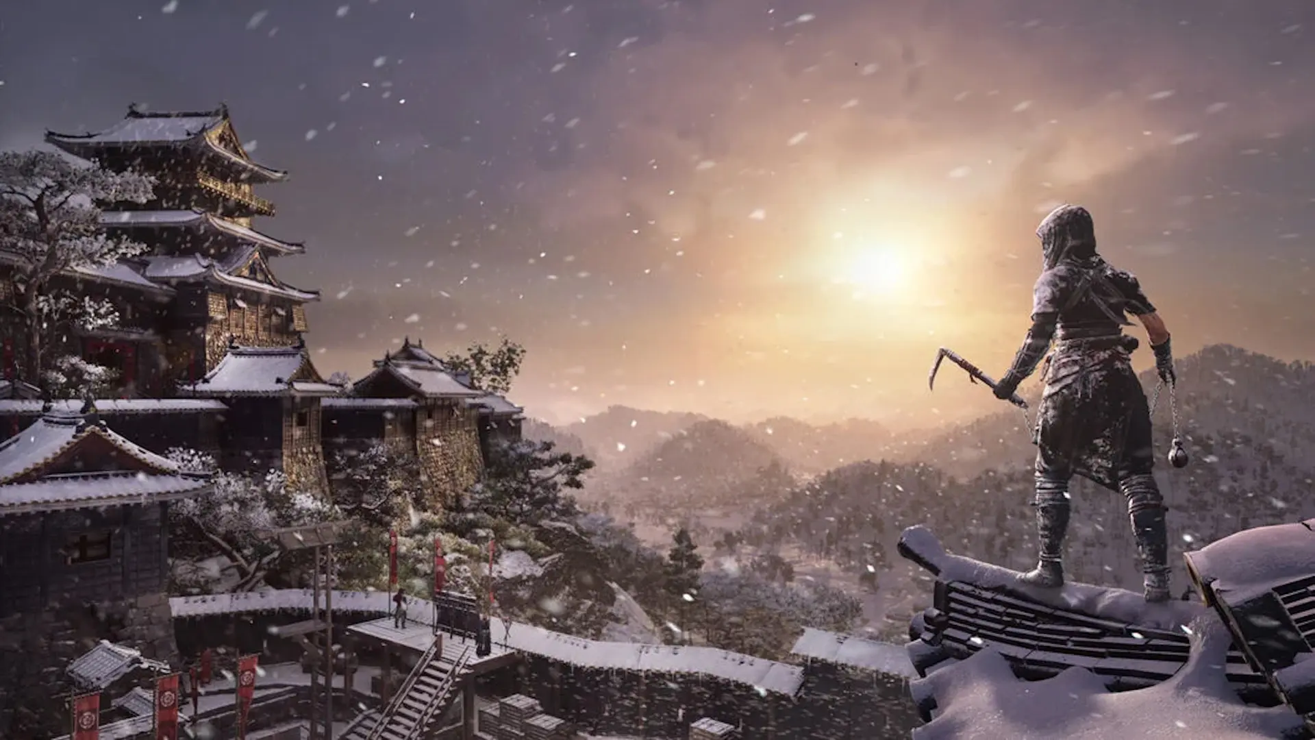 نائوئی در حال مشاهده منظره یک قلعه در فصل زمستان Assassin’s Creed Shadows