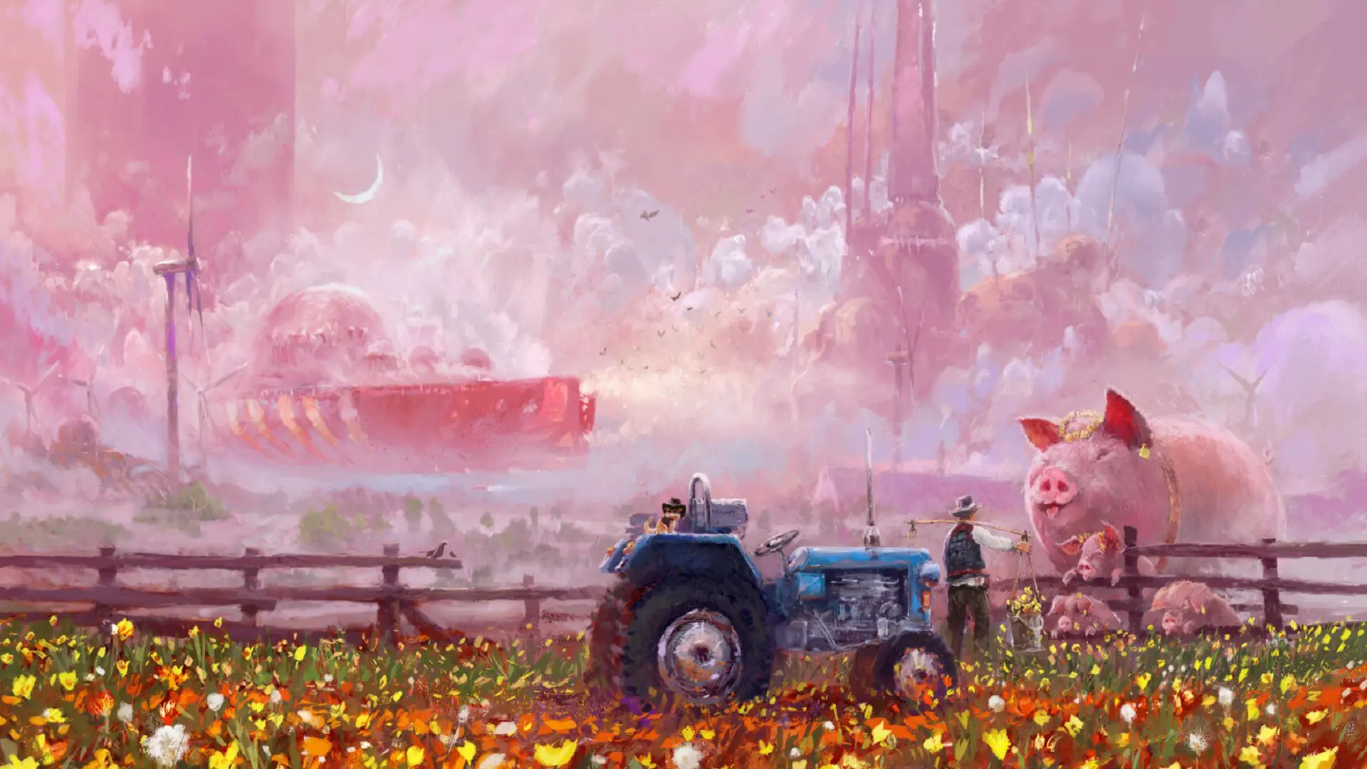 خوک غول کشاورز نقاشی مزرعه تراکتور صورتی