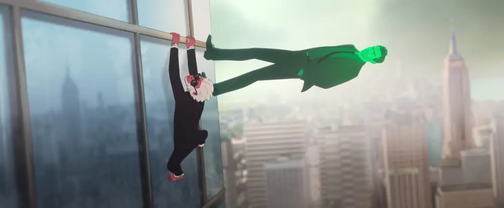 هیت مانکی و برایس در حال بالا رفتن از برج در فصل دوم انیمیشن Hit-Monkey